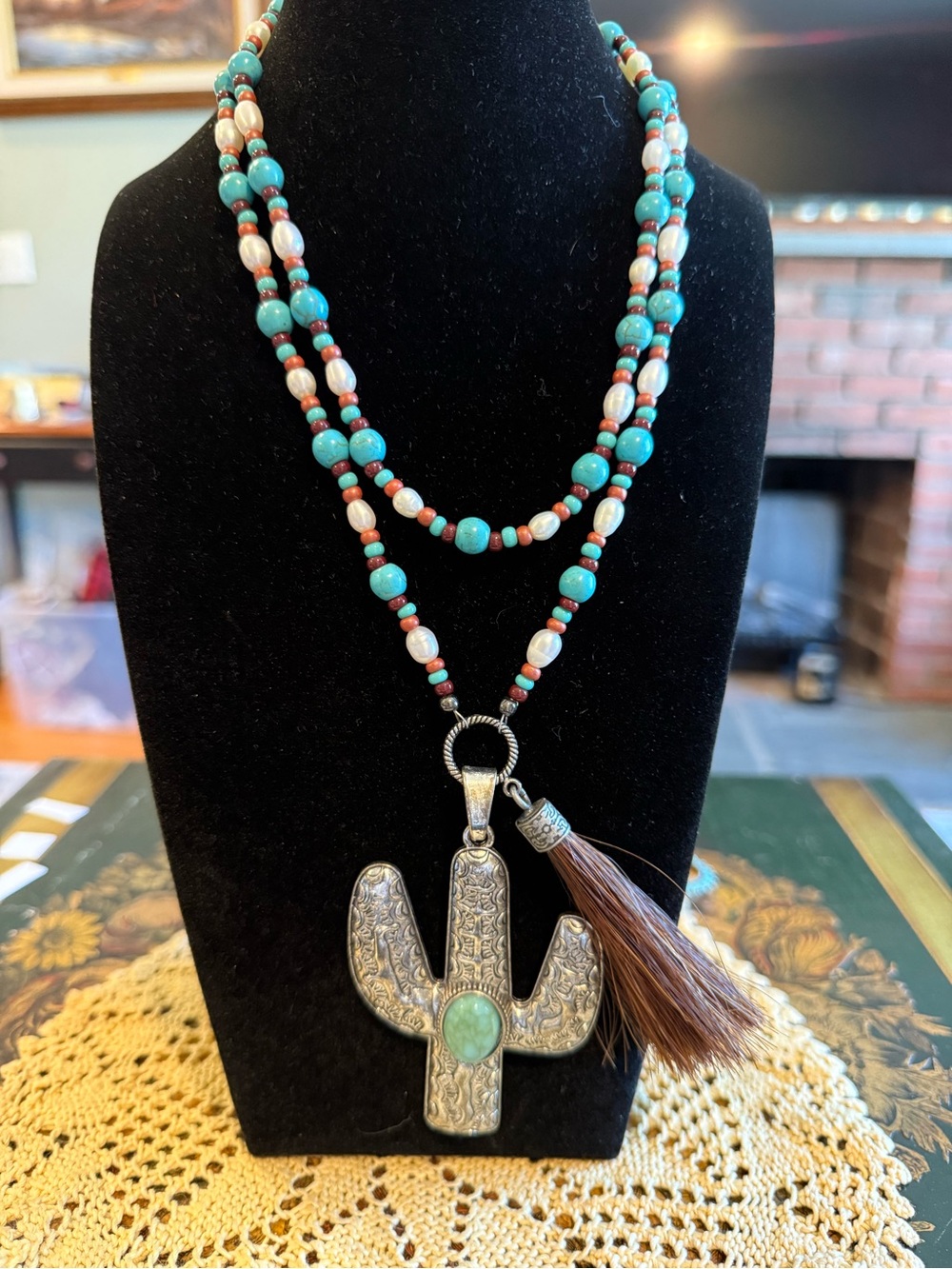 Turquoise Beaded Necklace with Silver Cactus Pendant horse hair tassel